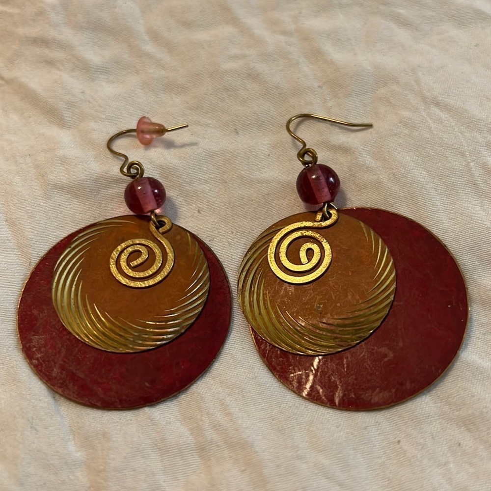 Copper Metal Red GoldTone Earrings Artistic Pierced Hooks ***$5 FINAL SALE**